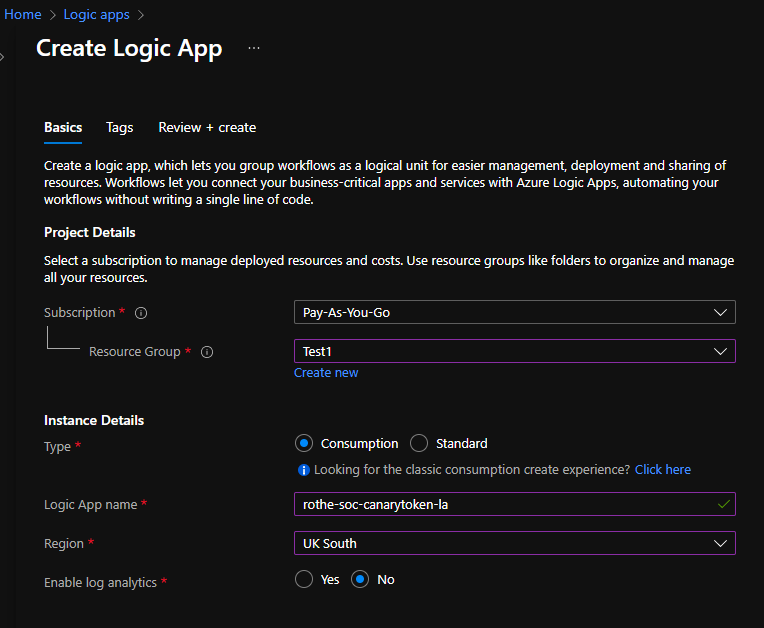 A screenshot of the logic-app creation screen