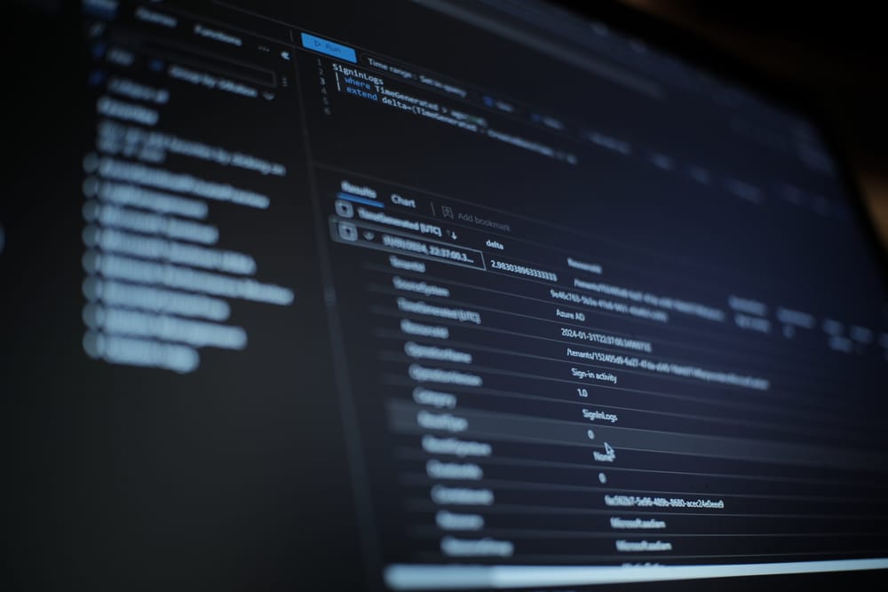 Short depth-of-field photo of a laptop screen showing some signin logs in Sentinel